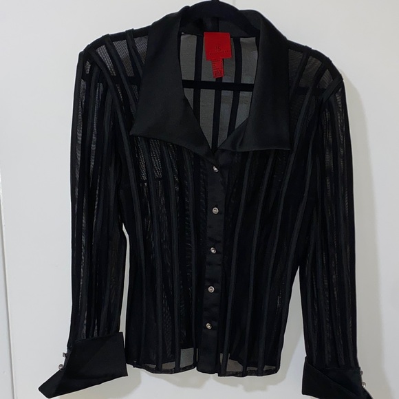 JS Collections Black Sheer Striped Blouse - Picture 1 of 5